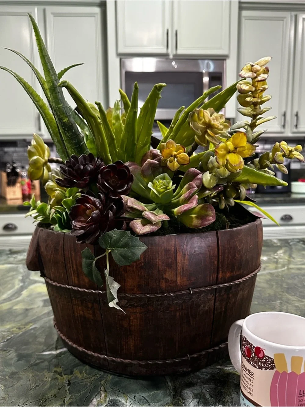 Succulent Barrel Arrangement -Green & Red Large rustic wood barrel planter 15x16